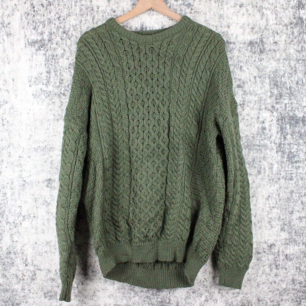 Carraig Donn Men's XL Green 100% Wool Pullover Fisherman's Sweater Ireland VTG